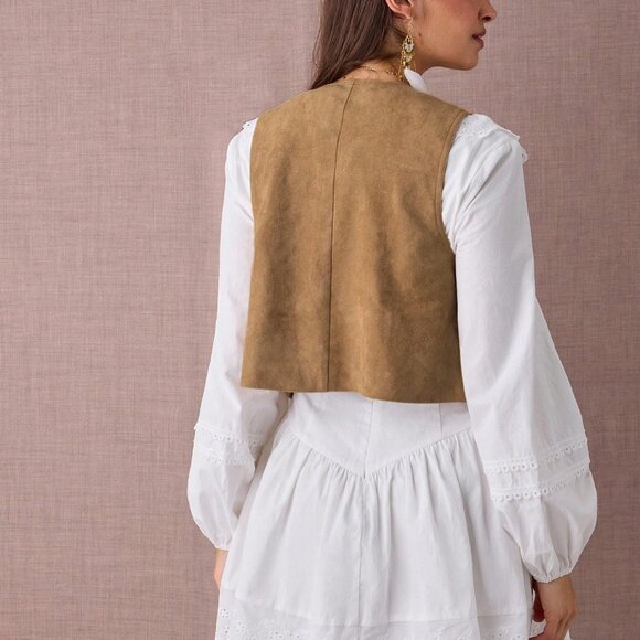 Brown Casual Women's Rhinestone Decor Western Style Front Tie Vest Jacket - Picture 7 of 8